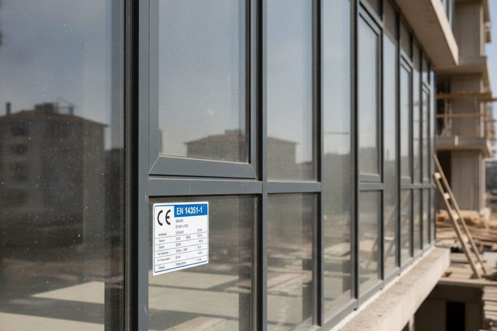 Modern alüminyum pencere çerçevesi üzerindeki detaylı CE işareti etiketi