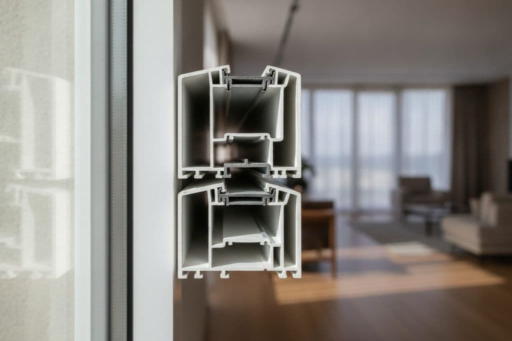 PVC pencere profilinin kesit görünümü, temiz yüzeyi ve çok odacıklı yapısı