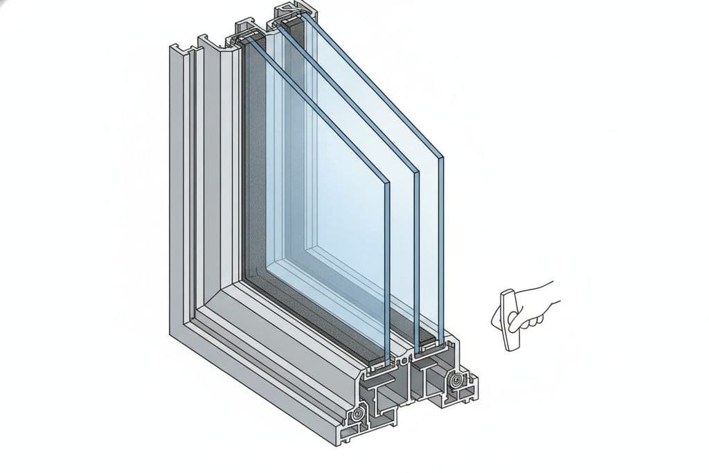 Isıcamlı cam balkon profilinin kesit görünümü, yalıtım katmanları ve alüminyum çerçeveyi gösteriyor.