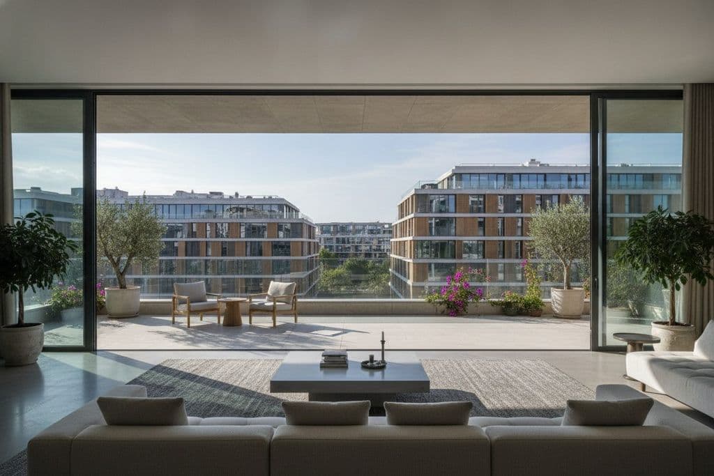 Açık sürme cam balkon sistemiyle iç içe geçmiş modern bir oturma odası, ferah ve doğal ışık alan bir yaşam alanı.