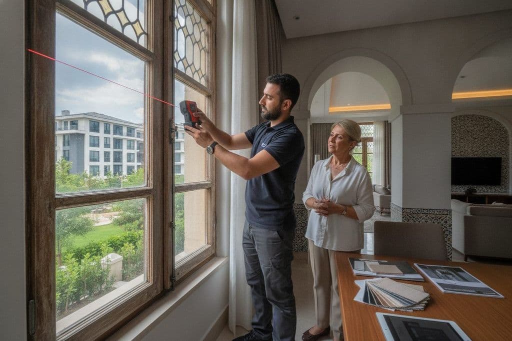 Pencere değişimi öncesi keşif yapan uzman ve lazer ölçüm cihazı