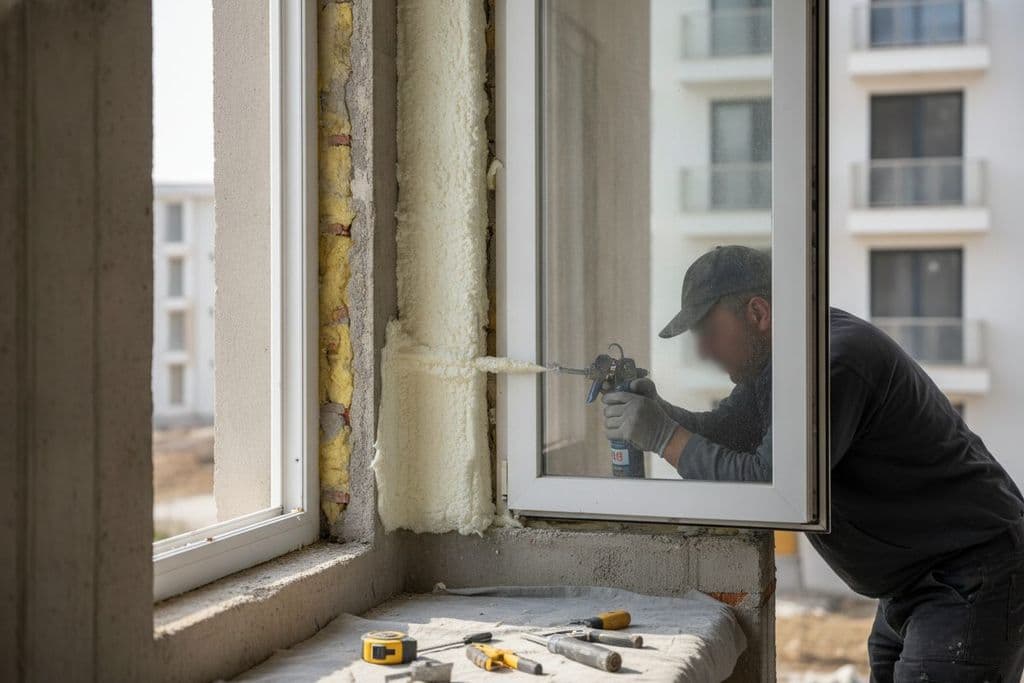 Yeni pencere montajı sırasında yalıtım köpüğü uygulayan işçi