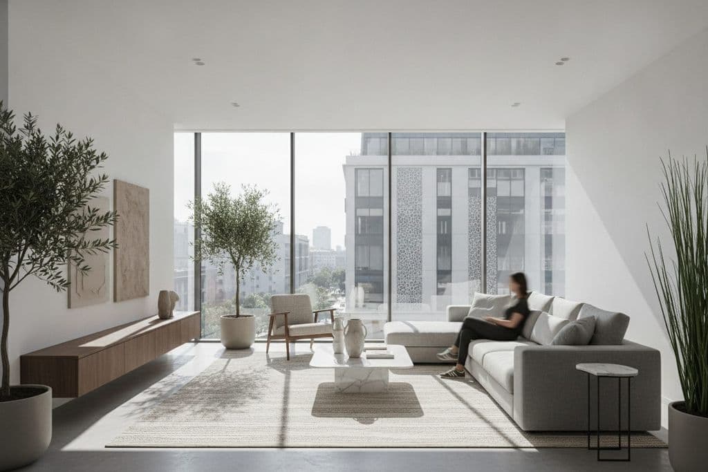 Geniş pencereli, güneş kontrol camları sayesinde serin ve aydınlık modern oturma odası