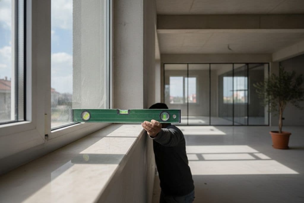 Yeni takılan bir pencerenin denizlik ve kasa kısmının su terazisi ile kontrol edilmesi