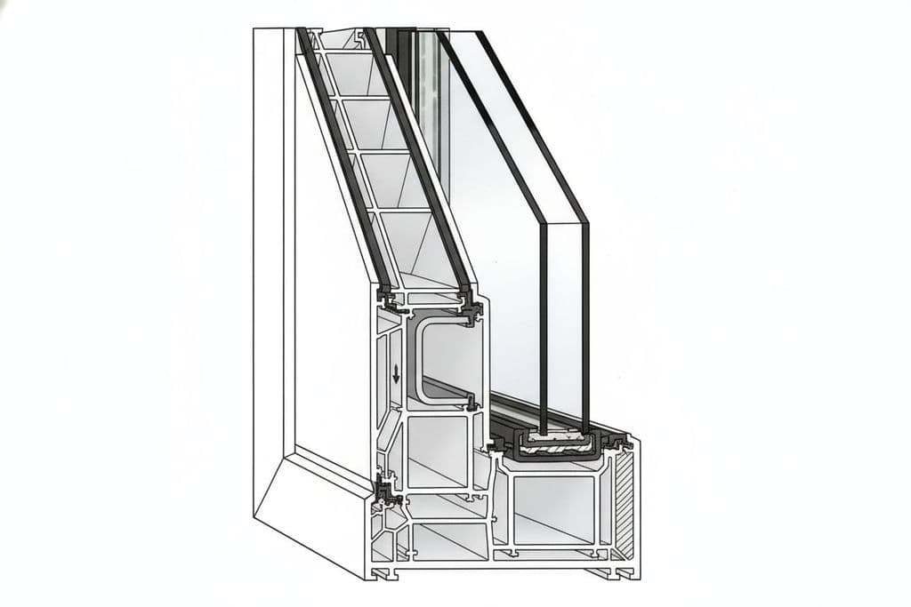 Çok odacıklı PVC pencere profilinin kesit görünümü ve iç yapısı