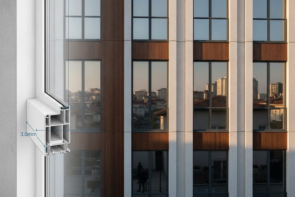 A sınıfı PVC pencere profilinin kesit görünümü ve 3.0mm et kalınlığı ölçüsü