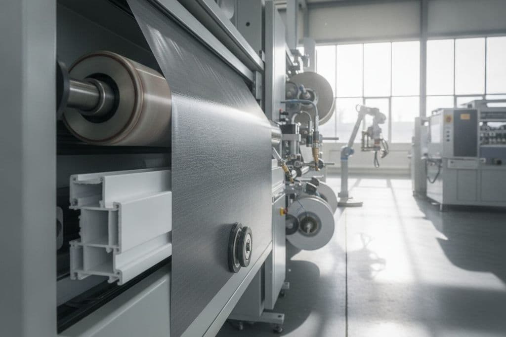 PVC pencere profilinin renkli folyo ile laminasyon işlemini gösteren yakın çekim, katmanlar ve makine detayları