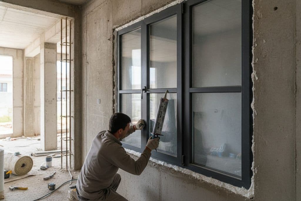 Profesyonel bir pencere ustasının ses yalıtımlı pencere montajında sızdırmazlık işlemi yaparken yakın çekim