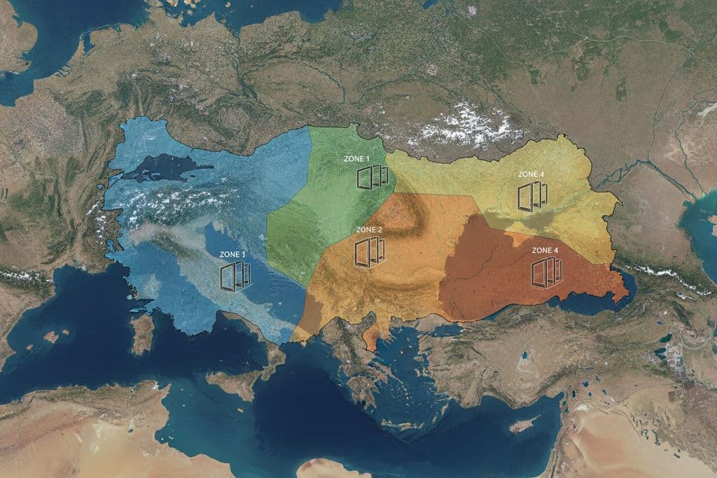 Türkiye'nin TS 825'e göre belirlenmiş iklim bölgeleri haritası ve pencere yalıtım gereksinimleri.